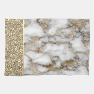Elegant Stylish Gold Glitter Shiny White Marble  Kitchen Towel