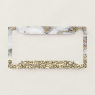 Elegant Stylish Gold Glitter Shiny White Marble License Plate Frame
