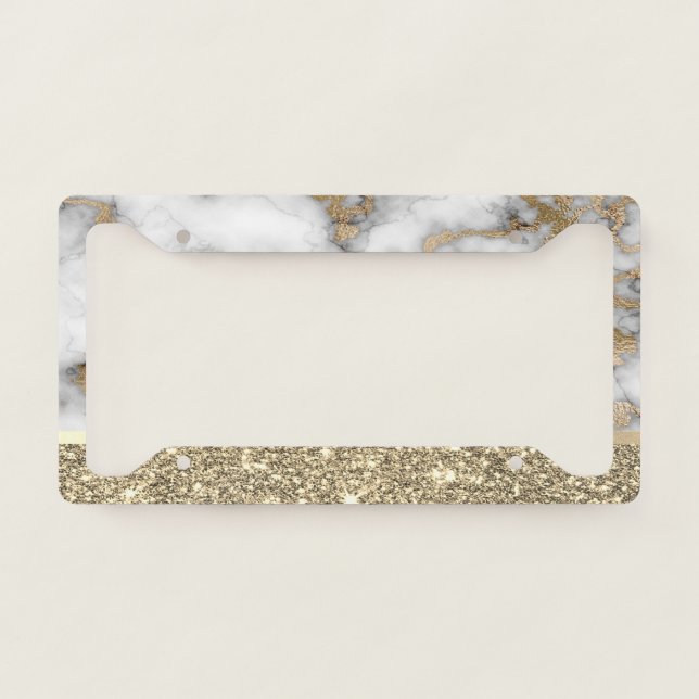 Elegant Stylish Gold Glitter Shiny White Marble   License Plate Frame (Front)