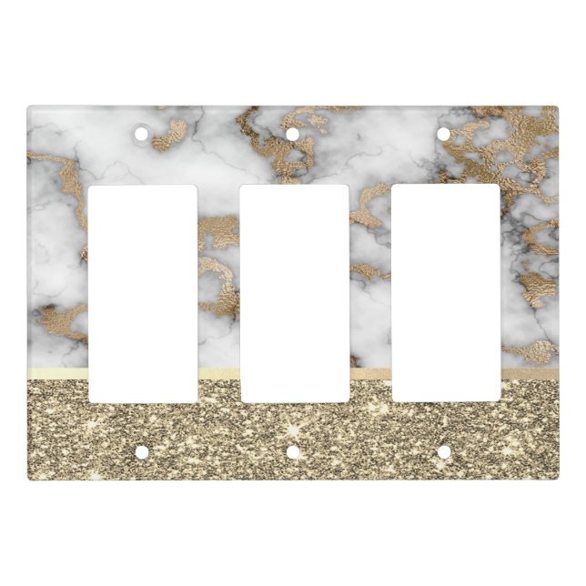 Elegant Stylish Gold Glitter Shiny White Marble    Light Switch Cover (Front)