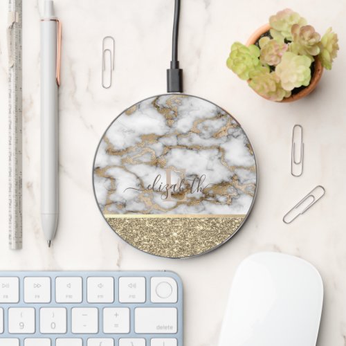 Elegant Stylish Gold Glitter Shiny White Marble  W Wireless Charger