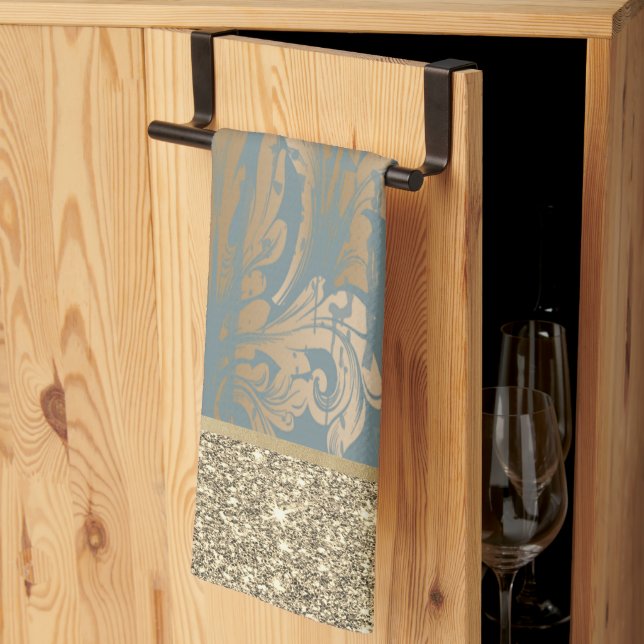 Elegant Stylish Gold Glitter Vintage Damask  Kitchen Towel (Thirds Fold)