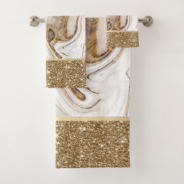 Elegant Stylish Gold Glitter White Brown Marble Bath Towel Set