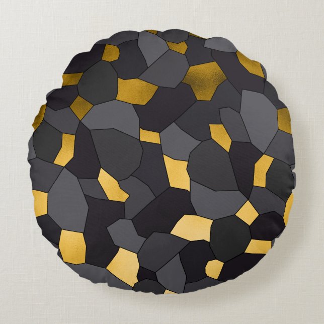 Elegant stylish gold grey and black mosaic round pillow (Front)