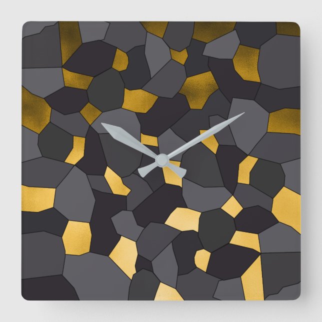 Elegant stylish gold grey and black mosaic square wall clock (Front)