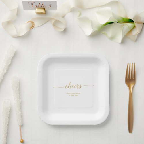 Elegant Stylish Gold Lettering Cheers Event Party Paper Plates