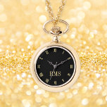 Elegant Stylish Gold Monogrammed Necklace Watch<br><div class="desc">Create your own custom, personalized, elegant stylish unique classy faux gold and black hours, monogrammed, womens, alloy case and chain, gold necklace watch. Simply type in your name / monogram / initials, to customize. Makes a great gift, for birthday, graduation, mothers day, christmas, holidays, wedding, marriage anniversary, valentines day, and...</div>