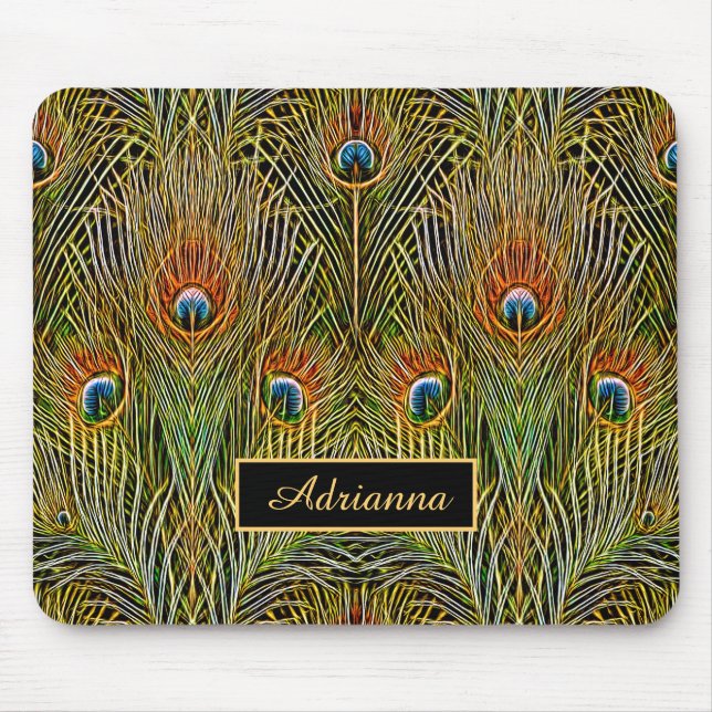 Elegant Stylish Gold Peacock Feathers With Name Mouse Pad (Front)