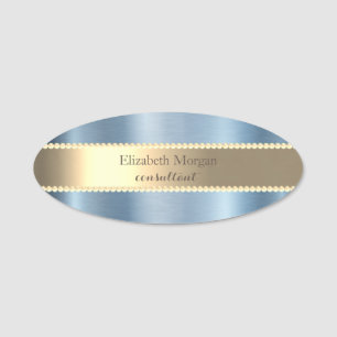 Elegant Stylish Gold Pearls Blue Metallic Name Tag