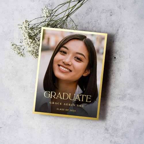 Elegant Stylish Gold Photo Graduation Party Foil Invitation Postcard