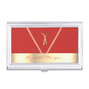 Elegant Stylish, Gold Red Geometric Scissors Business Card Case
