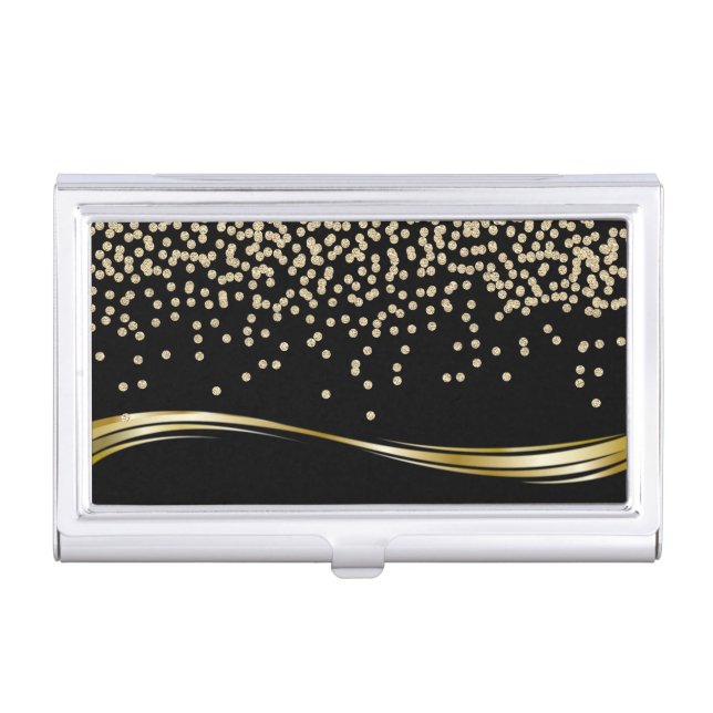Elegant Stylish Gold- Shiny Foil Confetty-Diamond Business Card Holder (Front)