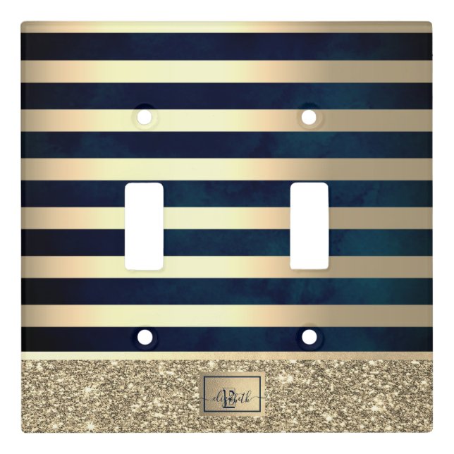 Elegant Stylish Gold Stripes Glitter,Navy Blue Light Switch Cover (Front)