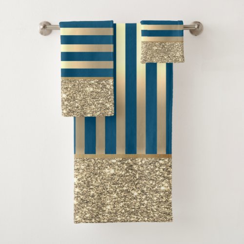 Elegant Stylish Gold Stripes Glitter ShinyTeal Bath Towel Set