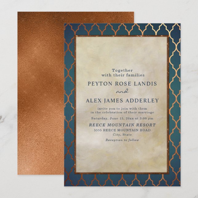 Elegant Stylish Gold Teal Copper Wedding Invite (Front/Back)
