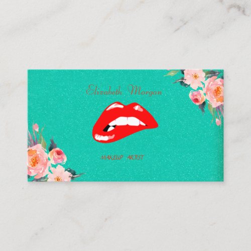 Elegant Stylish Green Glittery  Red Lips Flowers Business Card