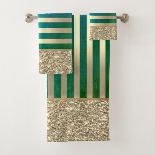 Elegant Stylish Green Gold Stripes Glitter Shiny Bath Towel Set