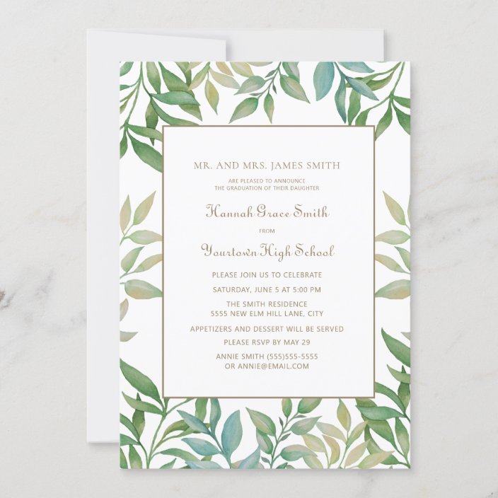 Elegant Stylish Green Leaves Graduation Party Invitation | Zazzle.com