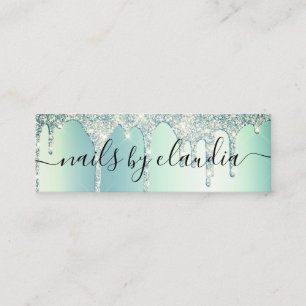 Elegant stylish green mint glitter drips nails mini business card