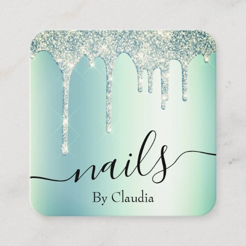 Elegant stylish green mint glitter drips nails square business card