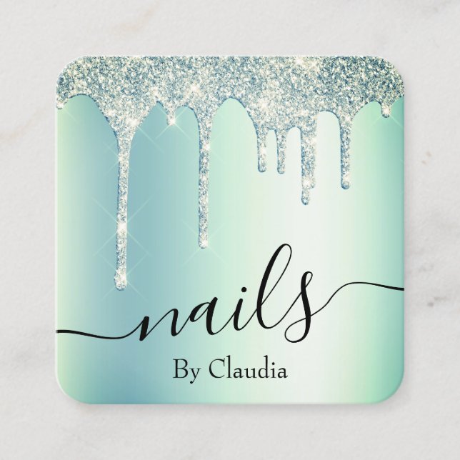 Elegant stylish green mint glitter drips nails square business card (Front)