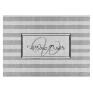 Elegant Stylish Grey Stripes Monogrammed Family Cutting Board