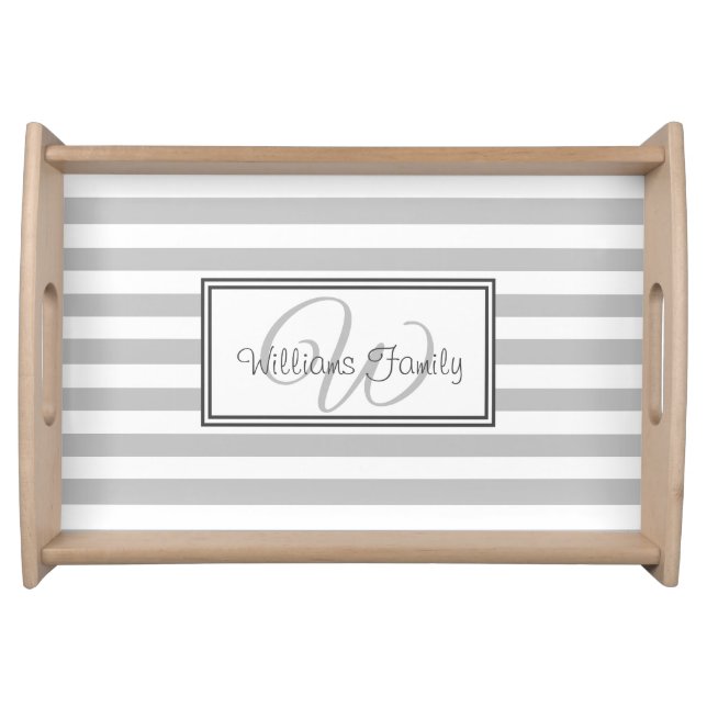 Elegant Stylish Grey Stripes Monogrammed Family Serving Tray (Front)