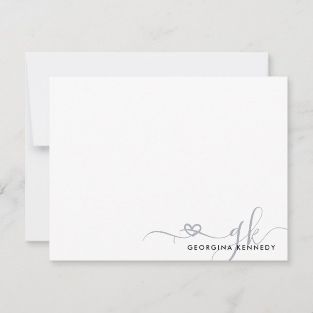 Elegant Stylish Heart Script 2 Monogram Initial Note Card (Front)