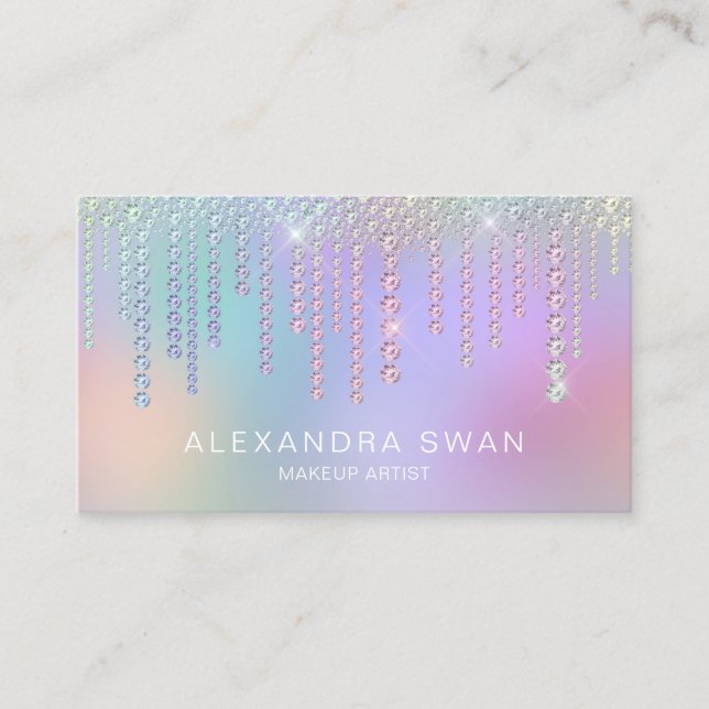 Elegant stylish holographic diamonds makeup artist business card (Front)