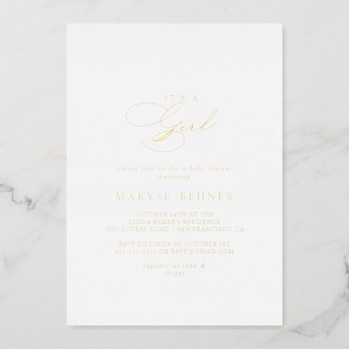 Elegant Stylish Its a Girl Baby Shower Gold   Foil Invitation