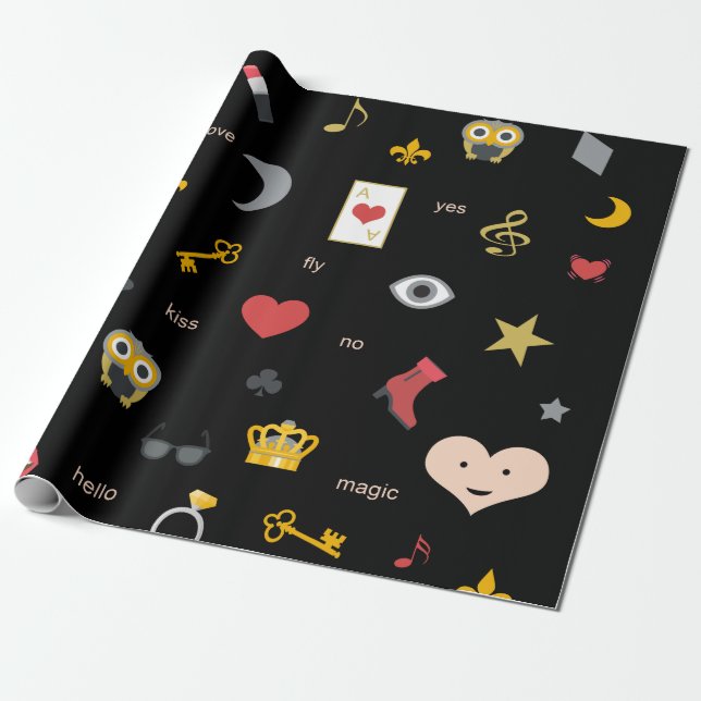 elegant stylish kisses, lips, hearts, owls, notes wrapping paper (Unrolled)