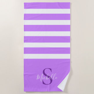 Elegant Stylish Lavender Striped Monogram Name Beach Towel