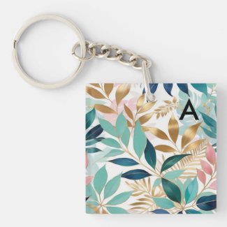 Elegant Stylish Leaves Leaf Pattern Monogrammed Keychain