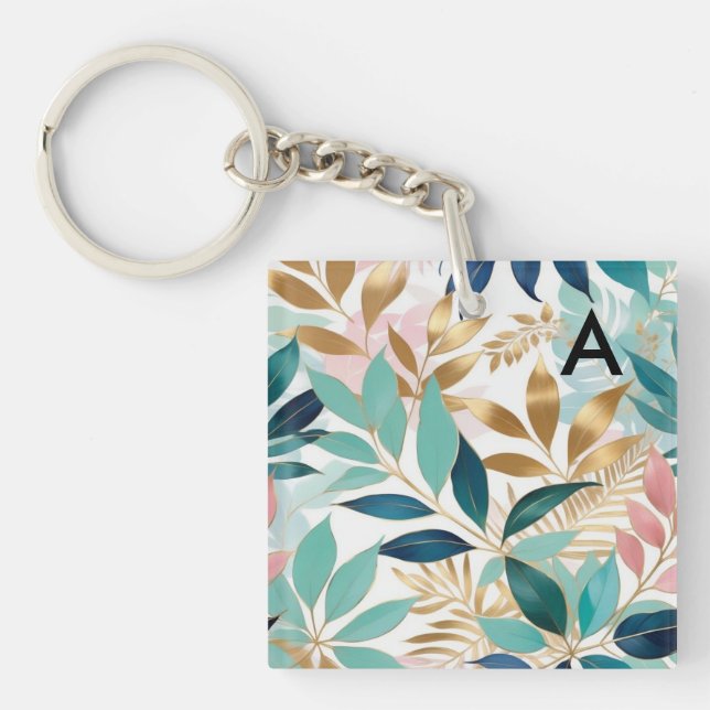Elegant Stylish Leaves Leaf Pattern Monogrammed Keychain (Front)
