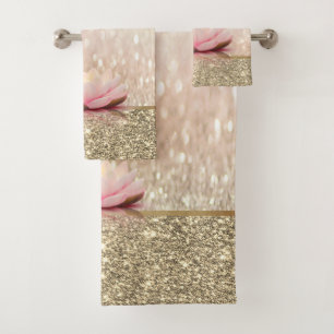 Elegant Stylish Lotus Gold Glitter Shiny Bokeh Bath Towel Set