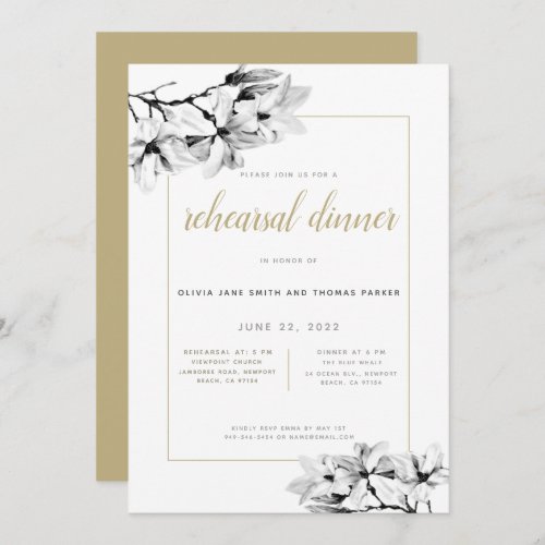 Elegant Stylish Magnolias Gold Rehearsal Dinner Invitation