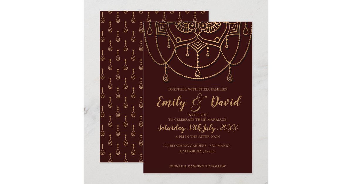 Elegant Stylish Maroon Gold Design Wedding Invitation Zazzle