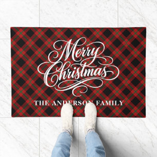 Elegant Stylish Merry Christmas Script Plaid Doormat