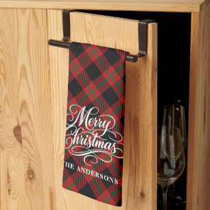 Elegant Stylish Merry Christmas Script Plaid Kitchen Towel