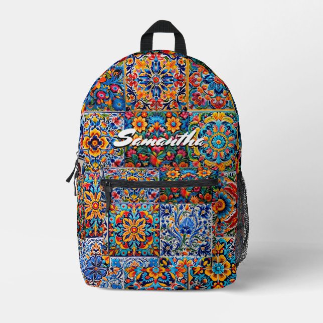 Elegant stylish Mexican talavera tiles monogram Printed Backpack (Front)
