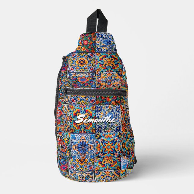 Elegant stylish Mexican talavera tiles monogram  Sling Bag (Front)