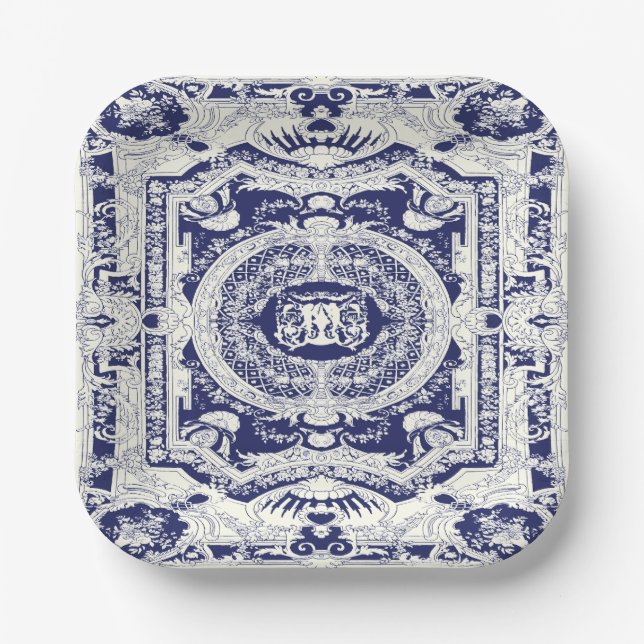 Elegant Stylish Modern Navy Blue Baroque Ornaments Paper Plates (Front)