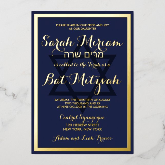 Elegant Stylish Modern Navy Blue Bat Mitzvah Gold Foil Invitation (Front)