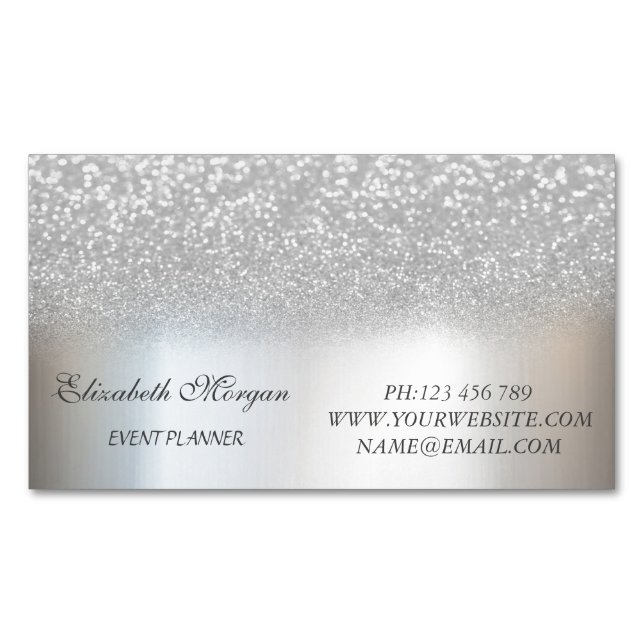 Elegant Stylish Modern Silver Glitter Business Card Magnet (Front)