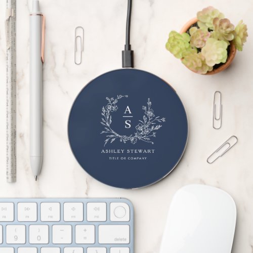 Elegant Stylish Monogram Logo Modern Navy Blue Wireless Charger