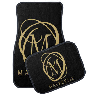 Elegant Stylish Monogram Name Black Gold Car Floor Mat