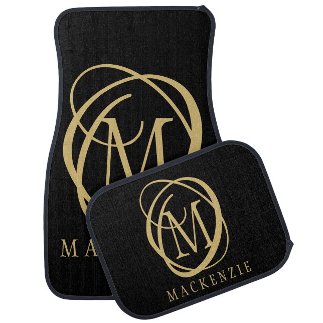 Elegant Stylish Monogram Name Black Gold Car Floor Mat (Set)