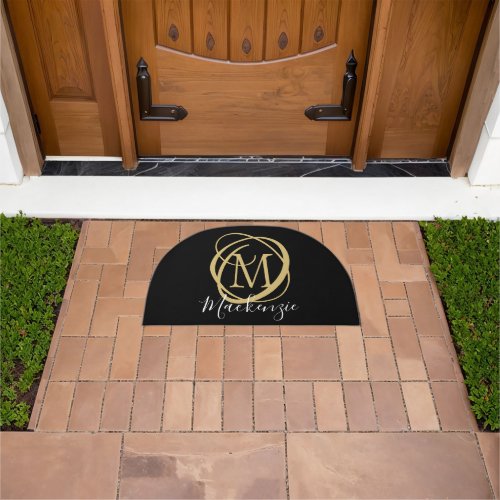 Elegant Stylish Monogram Script Name Black Gold Doormat