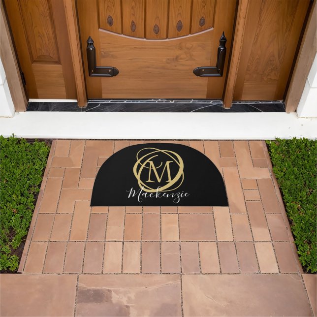 Elegant Stylish Monogram Script Name Black Gold Doormat (Outdoor)
