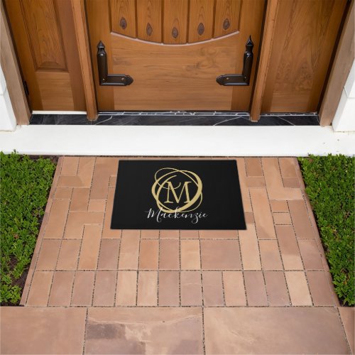 Elegant Stylish Monogram Script Name Black Gold Doormat